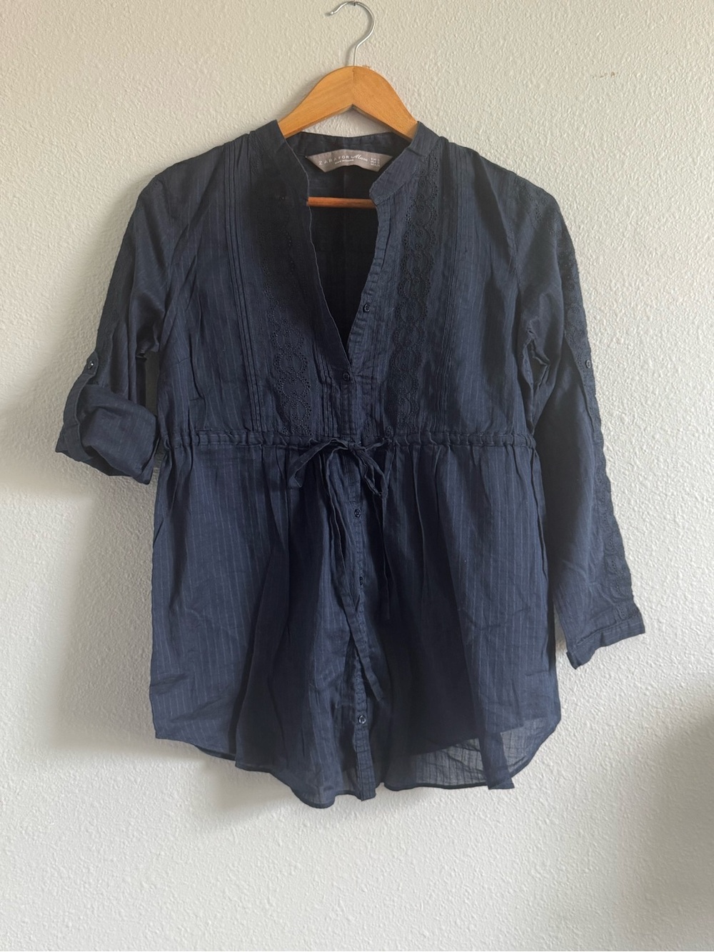 Small Maternity Zara for Mum, lightweight navy blue blouse, embroidered bib